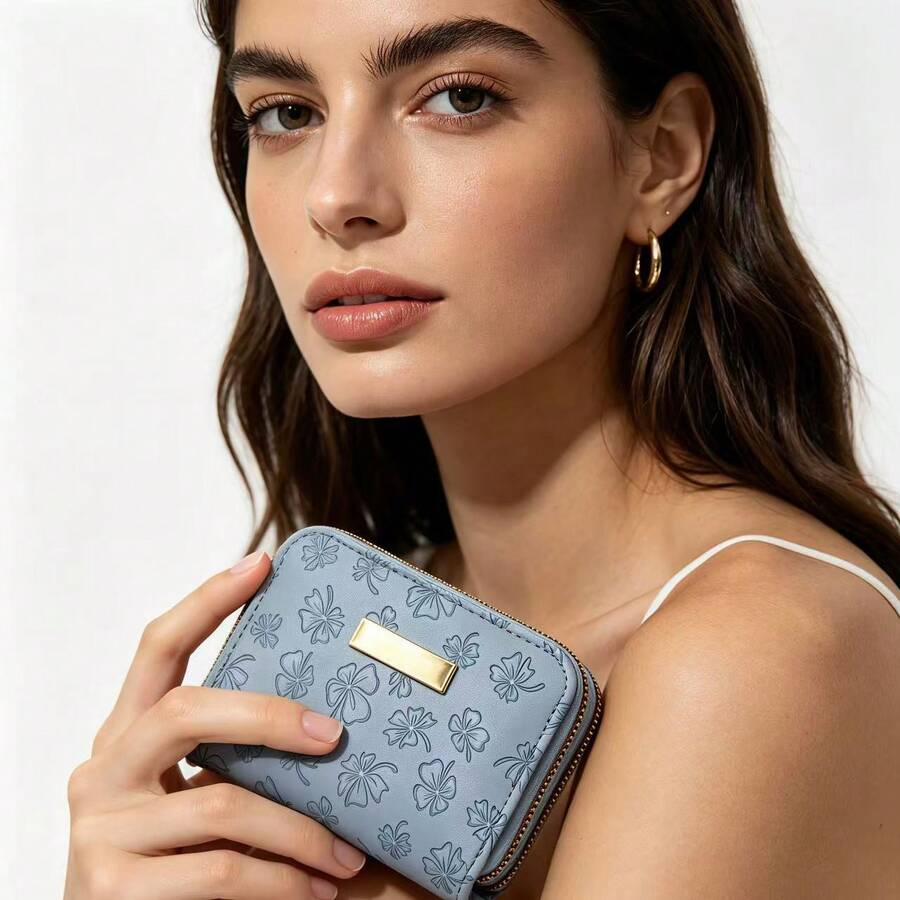 Monedero de mujer con trébol de la suerte en relieve y cremallera doble, billetera de cuero PU, estuche compacto con múltiples ranuras para tarjetas - Azul - Ver 1