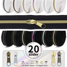 1 Set = 4.5m Zipper + 20pcs Zipper Pulls, Black & White Available, 5# Zipper Chain With 20pcs Zipper Pulls, 4 Zipper Teeth Colors (Bronze / Light Gold / Silver / Colorful) Suitable For Backpacks, Wallets, Handmade DIY, Sewing Replacement - -- - View 1