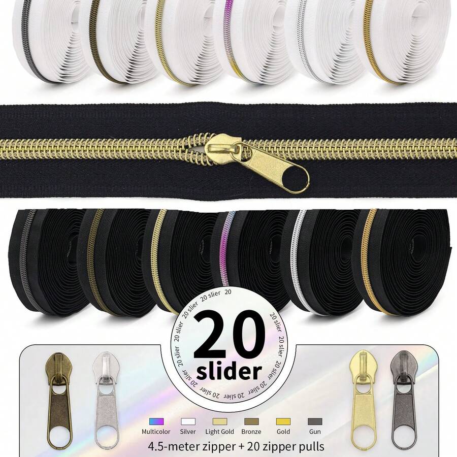 1 Set = 4.5m Zipper + 20pcs Zipper Pulls, Black & White Available, 5# Zipper Chain With 20pcs Zipper Pulls, 4 Zipper Teeth Colors (Bronze / Light Gold / Silver / Colorful) Suitable For Backpacks, Wallets, Handmade DIY, Sewing Replacement - -- - View 1