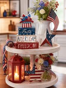 4pcs Patriotic Wooden Tiered Tray Decor, Suitable For July 4th Independence Day, Theme Of American Freedom, Red White Blue Color Tone, Independence Day Table Decor, Home Decor. Patriotic Anniversary Tiered Tray Decor, Suitable For Independence Day, Office Tiered Tray, Home Storage Rack, 250th Anniversary, Memorial Day, Veterans Day Party Decor, Home Decor, Party Supplies. - Multicolor - View 6