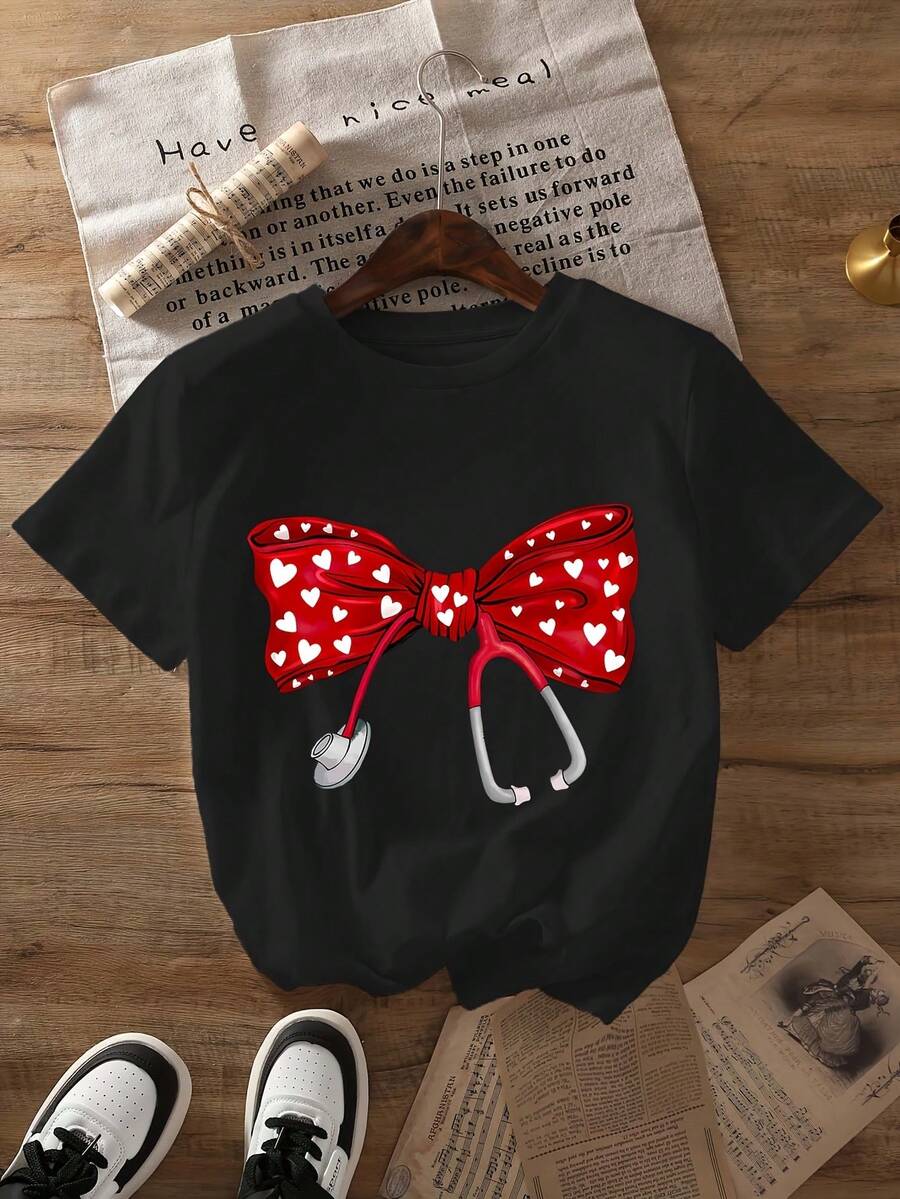 Nurse-Style Valentine's Day Print T-Shirt, Casual Short-Sleeved Crew Neck Top For Summer, Women's Clothing. X1NV - 黑色 - 查看 1