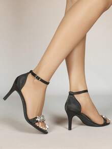 Women's Fashion New Comfortable Evening Party Vacation Nude Strap High Heel Roman Chunky Heel Rhinestone Ballroom Sandals - Black - View 4