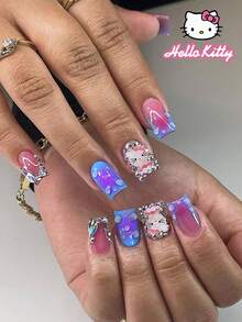 SANRIO 三丽鸥Hello Kitty 24片装短方形3D凝胶亮片法式美甲贴片 - 可爱的3D Hello Kitty装饰，镶嵌水钻，完美贴合亚克力假指甲，套装包含1片果冻胶和1个指甲锉，Hello Kitty美甲适合女性和女孩日常及派对使用。 - 彩色 - 查看 1