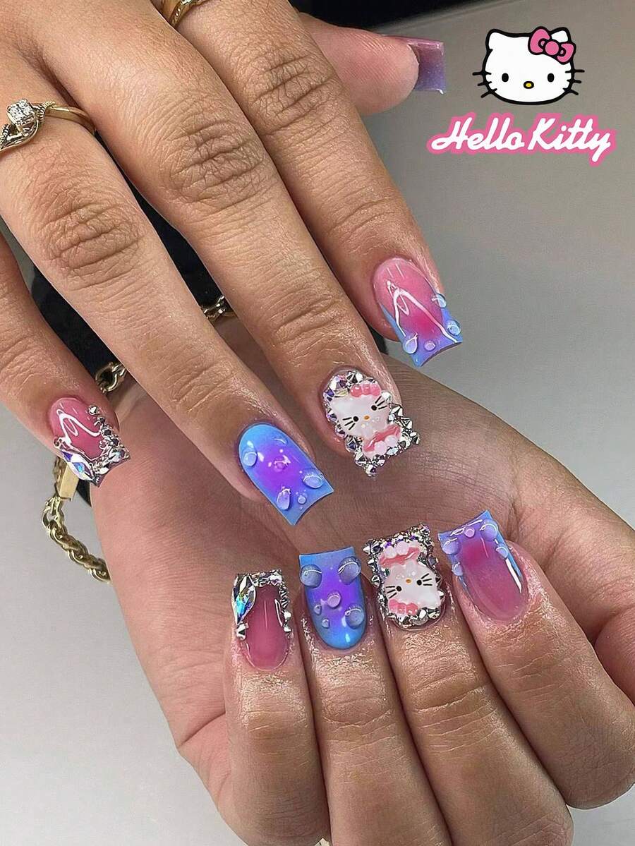 SANRIO 三丽鸥Hello Kitty 24片装短方形3D凝胶亮片法式美甲贴片 - 可爱的3D Hello Kitty装饰,镶嵌水钻,完美贴合亚克力假指甲,套装包含1片果冻胶和1个指甲锉,Hello Kitty美甲适合女性和女孩日常及派对使用。 - 彩色 - 查看 1
