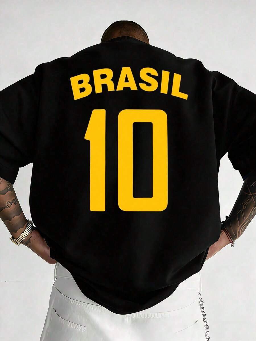Camiseta Gráfica para Hombre, Camiseta Retro de Fútbol de Brasil - Legendario Número 10, Ropa Casual para Fanáticos del Fútbol, Camiseta de Fútbol, 100% Poliéster, Tejido de Malla Transpirable, Corte Regular, Cuello Redondo - Noir 3 - Ver 1