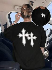 Cruces blancas simbolizan fuerza y esperanza reflejando equilibrio espiritual en cada trazo artístico sobre fondo oscuro que transmite serenidad interior camiseta de señora Doble cara 100% algodón 220g,maija, Elegante manga corta para mujeres. - Negro - Ver 1