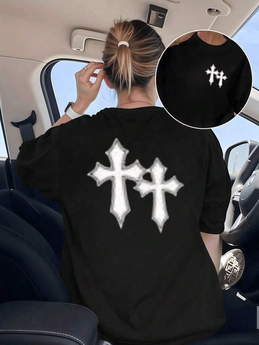 Cruces blancas simbolizan fuerza y esperanza reflejando equilibrio espiritual en cada trazo artístico sobre fondo oscuro que transmite serenidad interior camiseta de señora Doble cara 100% algodón 220g,maija, Elegante manga corta para mujeres. - Negro - Ver 1