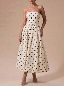 Elegante vestido midi de lunares retro sin tirantes con bajo abullonado - Adecuado para invitados de boda, fiestas, playa, vacaciones de verano, salidas y ceremonias de graduación Blanco - Blanco - Ver 10