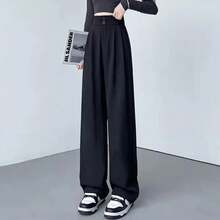 Pantalones holgados de cintura alta para mujer, pantalones de pierna recta de diseñador clásico, pantalones informales de moda para uso diario - Negro - Ver 5