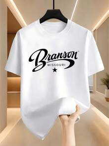 Camiseta unisex de manga corta, camiseta casual para hombre, con estampado clásico en cursiva de 'Branson', que irradia un estilo retro americano.Corte regular, adecuado para uso diario y versátil.playeras hombre, spiderman, ,  mujer, romwe men, boho chic, maestras regalos, camiseta para mujer, conjuntos curvy para mu, y2k. - Blanco - Ver 6