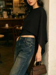 2026 Summer Women's Sexy Off-Shoulder Asymmetric Draped Sleeve Chiffon Cropped Top, Suitable For Party, Date, Vacation - Black - View 9