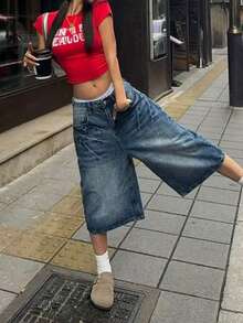 Y2K Street Vintage Washed Cat Whiskered Pocket Style Wide Leg Bermuda Jeans Denim Jorts Casual Shorts Cropped Trousers Y2K Music Festival - Blue - View 5