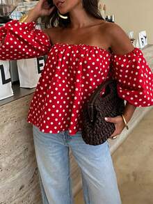Women's Polka Dot Contrast Color Pleated Off-Shoulder Top, Suitable For Beach And Daily Wear, Spring/Summer Red - Red - View 4