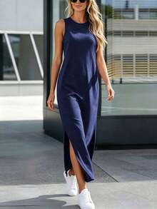 Vestido de punto casual de mujer con cuello redondo y dobladillo con abertura lateral en gris claro - Azul marino - Ver 2
