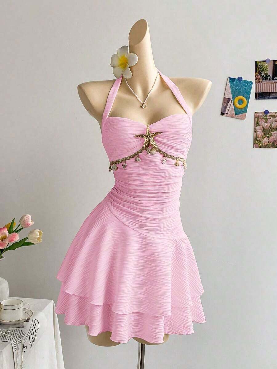 2026 Vestido mini de punto texturizado con cuello en V con volantes, decoración de estrella de mar y concha, hebilla metálica, apropiado para Navidad, cita, discoteca, estilo bohemio, vacaciones, otoño, vintage, fiesta para mujeres - Burdeos - Ver 1