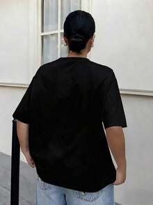 Camiseta de manga corta con cuello redondo, estampado de letras, corte holgado informal, estilo streetwear, blanca - Camiseta unisex de algodón holgado de manga corta con cuello redondo, estilo vintage urbano, ropa deportiva estilo Y2K, 100% algodón, tejido suave, manga corta. 1 camiseta. - Negro - Ver 2