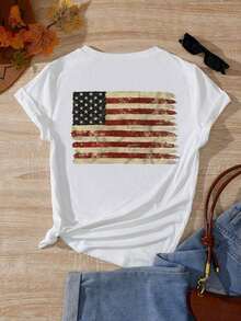 Camiseta de manga corta para mujer  con estampado de la bandera estadounidense y eslogan, camisetas gráficas para mujer, ropa de otoño para mujer. - Blanco - Ver 3