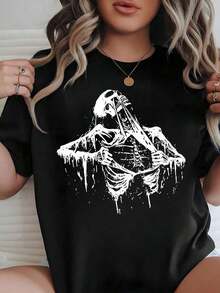 Camiseta de manga corta para mujer de moda, corte holgado, top versátil. - Negro - Ver 7