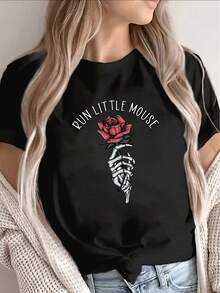 2026 Short-Sleeved T-Shirt, Featuring Designs Of A Running Mouse, A Rose, And A Skull Hand. Lightweight And Durable, Suitable For Casual Outings, Wearing At Home Or In A Cafe. Comfortable Fit, Ideal For Everyday Wear. - 黑色 - 查看 7