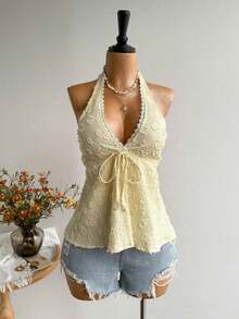 Conjunto de Playa Casual sin Espalda para Mujer, Estilo Bohemio, para Vacaciones, Festival de Música Hawaiana, Vacaciones Tropicales, Top Halter de Verano - Albaricoque - Ver 2