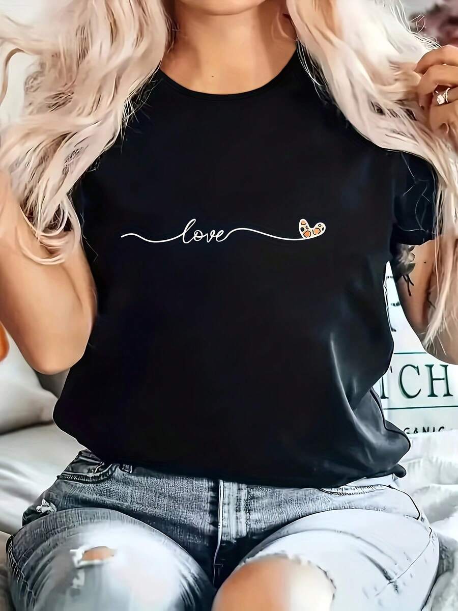 Women's Short-Sleeved Cotton T-Shirt With Heart And Love Print For Valentine's Day, Round Neck, Short-Sleeved Sports T-Shirt For Training And Running, Women's Sportswear With Graphic Print. - 黑色 - 查看 1