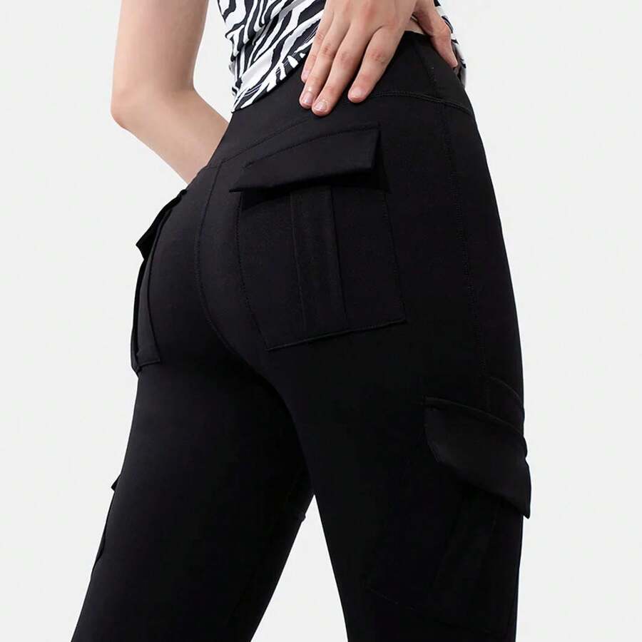 Nuevos pantalones de Yoga informales para mujer, mallas acampanadas de entrenamiento de talla grande, monos de cintura alta, pantalones con bolsillos, ropa deportiva - Negro - Ver 1