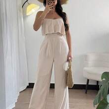 Raffinéa Women's Fashion Versatile Ruffle Spaghetti Strap Jumpsuit With Crinkle Textured Fabric, Fitted Waist & Straight Leg - Verde - Ver 4