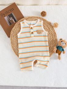 2pcs/Set Baby Boy Summer Striped Romper & Cute Bear Jumpsuit Outfit - Multicolor - View 8