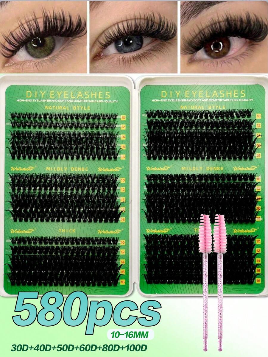 Waloshow 580-600片D型卷翘DIY假睫毛套装，10D、20D、30D、40D、50D、60D、80D、100D睫毛簇，10-16毫米单根睫毛，超柔软DIY假睫毛，浓密自然，可重复使用，适合日常佩戴、约会、派对和节日。 - D - 查看 1