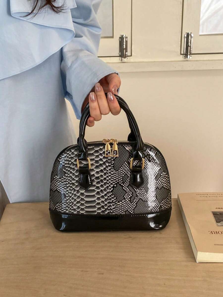 Bolso de mano de mujer, bolso de mano con diseño acolchado de concha - Negro - Ver 1