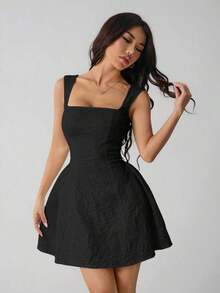 Vestido midi sin mangas de color blanco sólido para mujer, simple y casual para uso diario - Negro - Ver 7