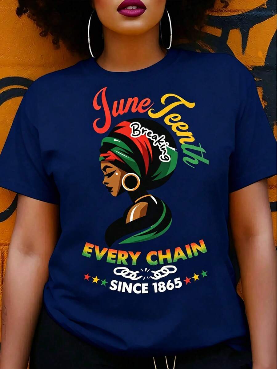 Women's Juneteenth Graphic T-Shirt - "Break Every Chain Since 1865" Design, Vibrant Geometric Print Short Sleeve Top, 100% Cotton Regular Fit For - 藏蓝色 - 查看 1