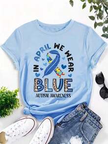 Usamos camisetas estampadas en azul para promover la conciencia sobre el autismo, camisetas casuales de manga corta con cuello redondo, ropa de mujer. - Multicolor - Ver 6