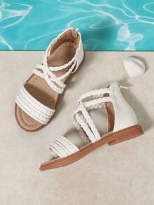 Sandal La Mã dệt kim mùa hè mới cho bé gái, thích hợp đi học, mặc hàng ngày, đi nghỉ mát, phối cùng váy. - trắng - Xem 2