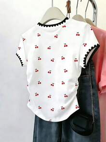 Women's Casual Cherry Print Short Sleeve Round Neck T-Shirt, Suitable For Sports, Home, Street, Spring/Summer, Graduation, Back To School, Beach, Holiday, Sweet, Youthful, Outdoor White - White - View 4
