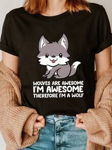 T-Shirt With  Letter Print "Cartoon Wolf I'M Awesome", Short Sleeve, Round Neck, Casual Top For Summer And Spring, Women's Clothing, Comfortable Cotton T-Shirt. - 黑色 - 查看 1