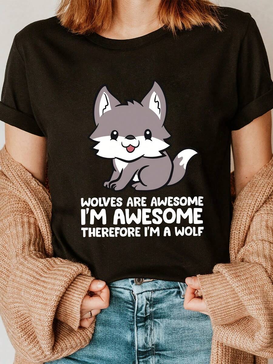 T-Shirt With Letter Print "Cartoon Wolf I'M Awesome", Short Sleeve, Round Neck, Casual Top For Summer And Spring, Women's Clothing, Comfortable Cotton T-Shirt. - 黑色 - 查看 1