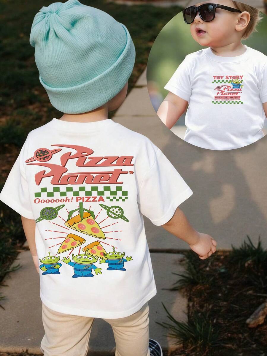Disney-Full Of Childlike Charm! Toy Story 3's Eevee Pizza Planet Parent-Child T-Shirt, Unisex Baby Pure Cotton Loose Short Sleeve Retro Checkered Cartoon Top - trắng - Xem 1