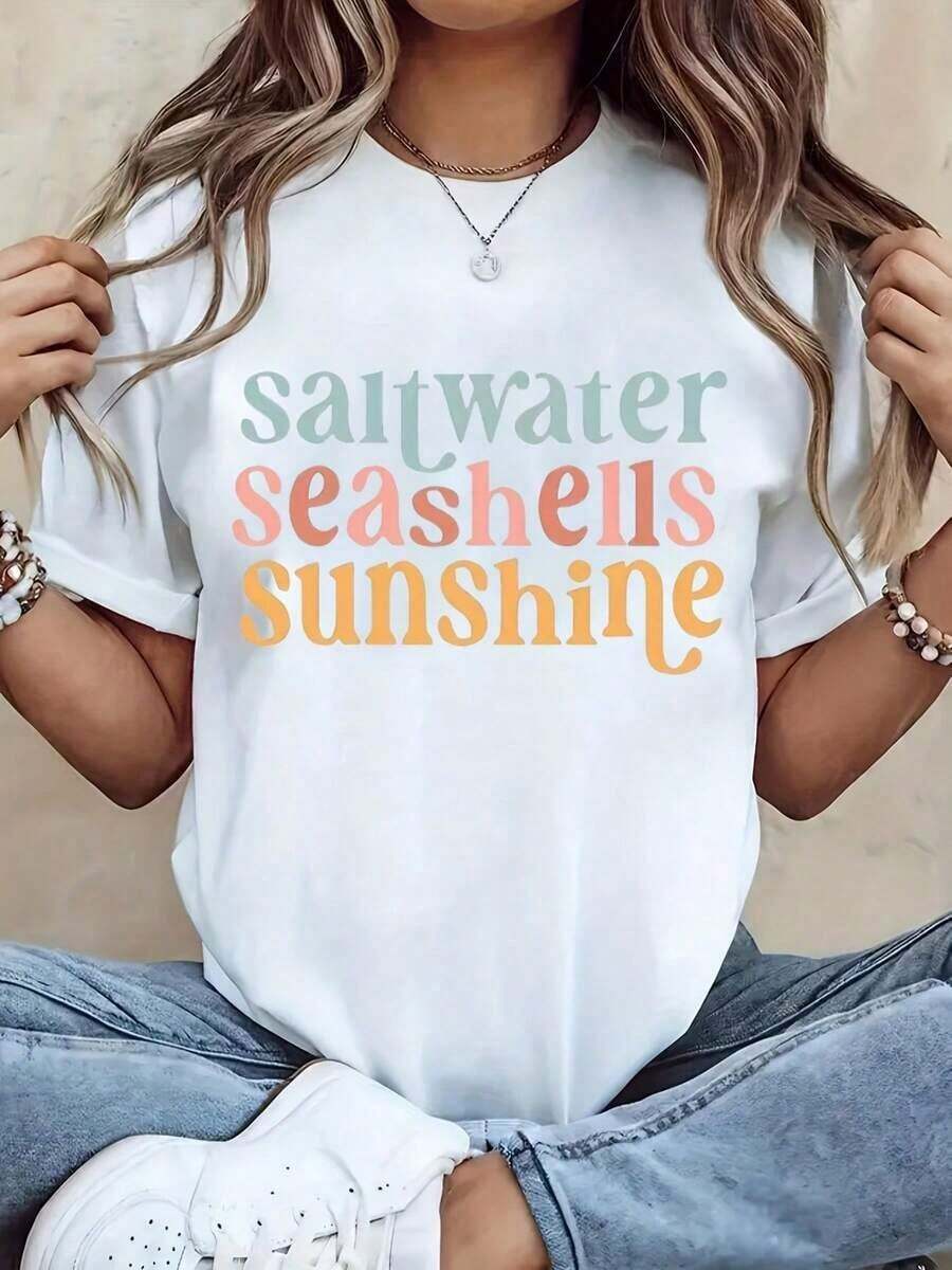 Camiseta de Mujer Rosa Pastel y Ora Coastal - Top Casual de Manga Corta con Cuello Redondo y Estampado de Conchas Marinas y Letras de Playa, Ropa de Playa Transpirable para Verano - Blanco - Ver 1