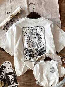 VivaGlam-[Front And Back Double Image] Unisex Double-Sided Printed Summer Casual Top Hand-Painted Style Sunflower XIX THE SUN Printed Round Neck Short Sleeve T-Shirt - 白色 - 查看 7