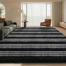 Sour Lemon Fluffy Area Rug Thick & Shaggy Carpet For Living Room & Bedroom Floor, Home Decor Anti-Slip Soft Carpet Floor Mat - Black & gray stripes - 查看 17