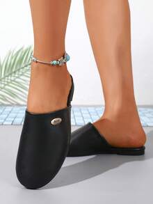 Vintage Rivet Backless Mules Women Shoes, Flat Slip-On Punk Style Comfortable Versatile Outdoor Slippers - Black - View 4