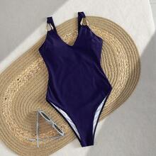 7AJK Traje de baño de una pieza de verano para mujer, conjunto de bikini sexy y estilo Y2K, bikini de unicolor sexy para fiestas y festivales de música, atuendo de playa y vacaciones para mujer - Azul marino - Ver 4