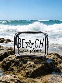 透明“BEACH PLEASE”化妆包，5色透明PVC材质，海星印花，防水旅行化妆收纳包，带拉链，轻便收纳袋，适合海滩旅行、泳池日和度假，适合女性、女孩、旅行者和海滩爱好者，是复活节、暑假和送礼的完美之选，多功能用途，可用作化妆包、洗漱包、沙滩包和旅行收纳包。 - 彩色 - 查看 3