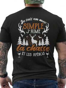 Men's Hunting And Snack Graphic T-Shirt - French Text And Deer Design On The Back - Breathable Cotton Short Sleeve Crew Neck T-Shirt For Hunting Enthusiasts And Wine Lovers - Casual Wear (Machine Washable), Leisure Wear, Ideal For Weekends, Distinctive T-Shirt, Comfortable Material, Soft Fabric, Printed T-Shirt, Loose And Comfortable For Summer - Black - View 1
