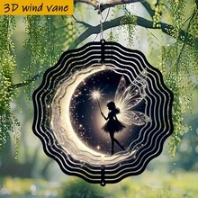 3D立体“发光翅膀仙女坐于弯月之上”魔法风车，尺寸25.5厘米/10英寸*25.5厘米/10英寸，带旋转挂钩，360° DIY创意风车户外装饰 - A - 查看 3