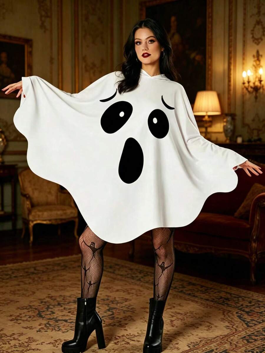 1pc Adult White Ghost Hooded Cloak, Can Be Used As Costume Prop For Halloween Party