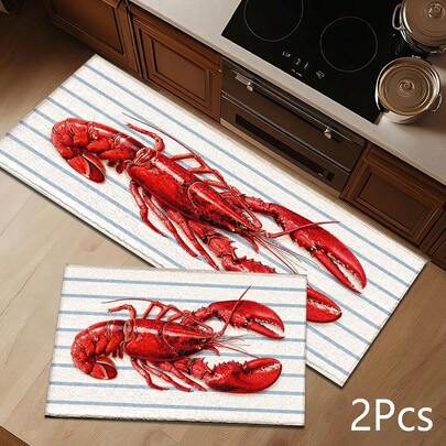 Tapis avec motif d'impression de homard sur fond bleu et blanc, doux et durable, lavable, pour l'entrée, le porche, l'intérieur - salon, salle de bain, chambre, salle de jeux, buanderie, décoration de dortoir