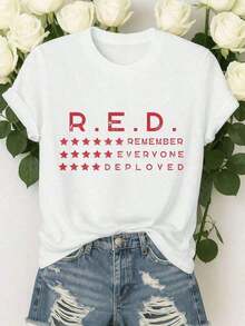 1 pieza - Camiseta de Talla Grande "Viernes en Rojo: Recordemos a Todo el Personal Desplegado", Camiseta de Conmemoración del Viernes Rojo, Camiseta Holgada de Moda para Mujer, Cómoda para Uso Diario, Adecuada para Actividades Casuales, Transpirable y Ligeramente Elástica, Lavable a Máquina Y2Y-Ropa de Verano GWPN180g 100% Algodón - Negro - Ver 4