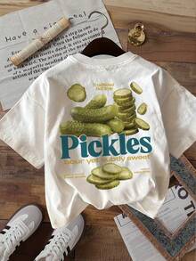 Women's Summer Leisure Top With Double-Sided Print, Vintage Style With Cucumber And Slice Print, Traditional Printed Round Neck Short-Sleeved T-Shirt. - White - View 3